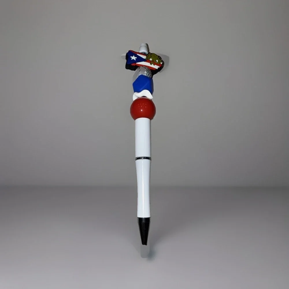 Puerto Rico Custom Handmade Beaded Pen PR Map Flag Coqui Blue Ink Retractable